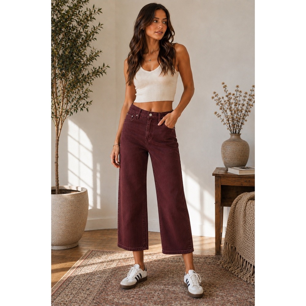 Judy Blue Wide Leg Cropped Garment Dyed Burgundy Jeans Size 1/25 High Rise